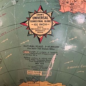Vintage 1938 George F Crams Co 10.5" Terrestrial Globe From Catalog 105